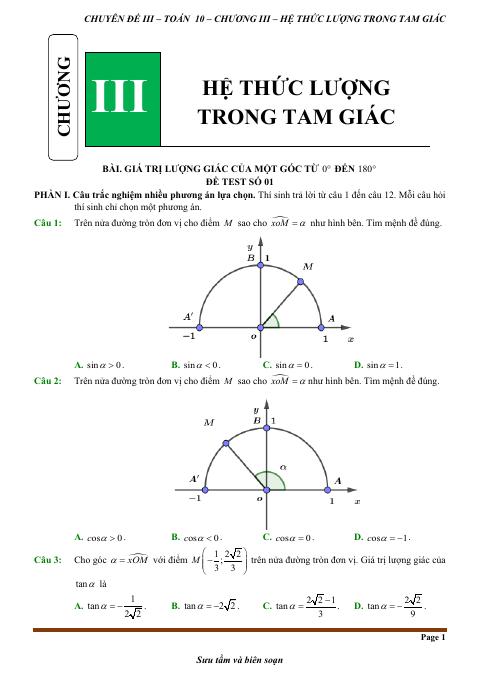Đề kiểm tra theo bài học chủ đề hệ thức lượng trong tam giác